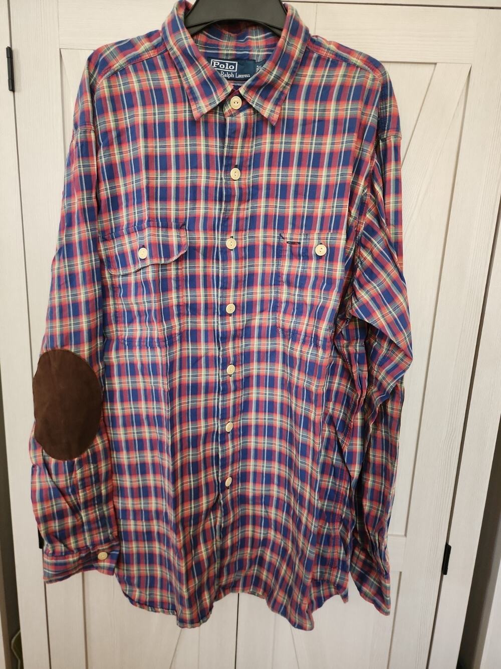 Polo ByRalph Lauren Mens Size L Country Plaid Shirt Long Slv Suede Elbow Patch